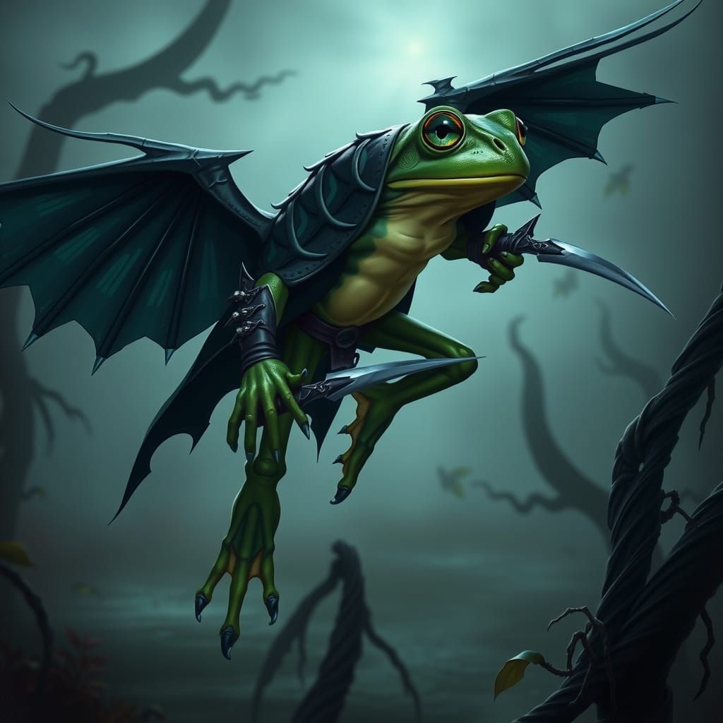 Stealthy Flying Frog in Dark Fantasy Attire