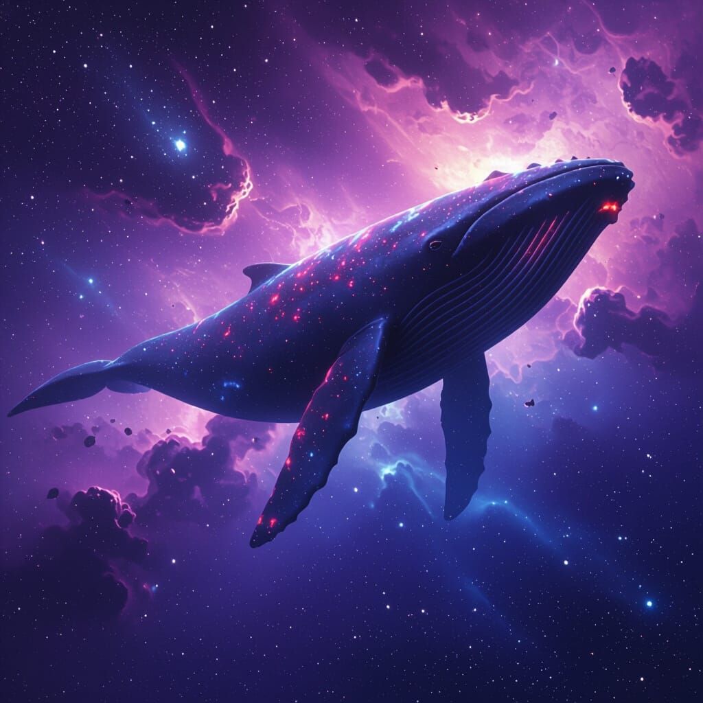 Iridescent Whale Swimming Through Cosmic Nebula