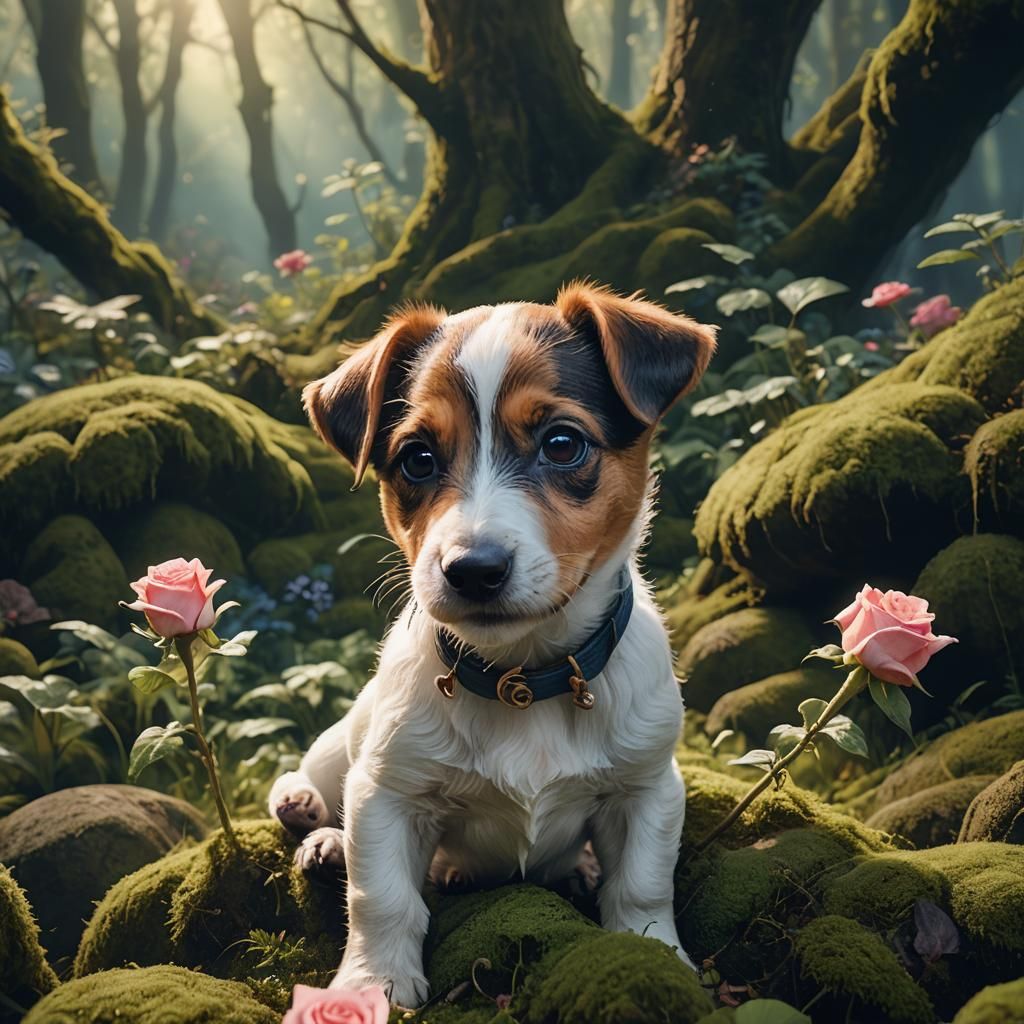 Fantasy Puppy with Rose in Enchanted Forest