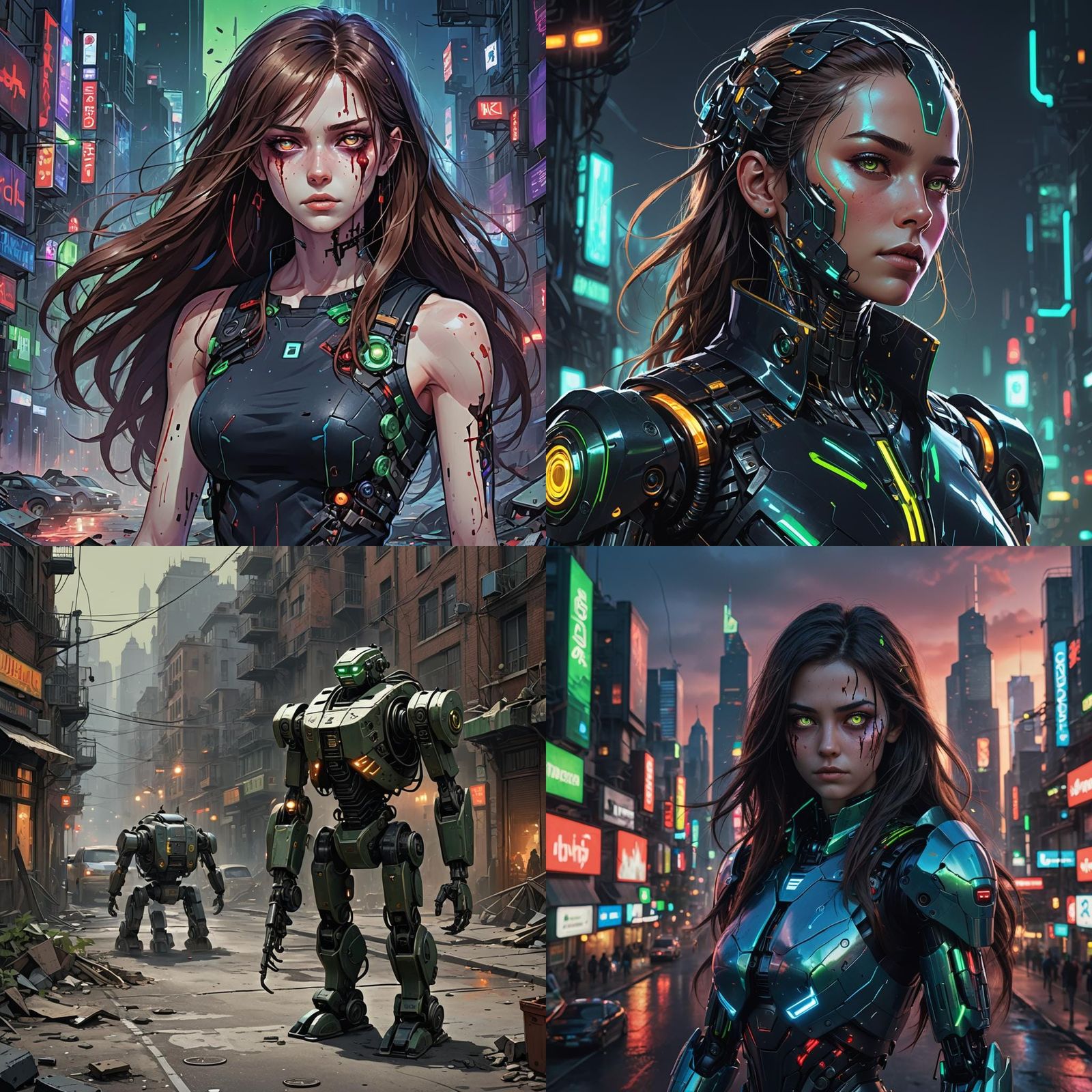 Robot Girl in War-Torn City: Detailed Matte Painting