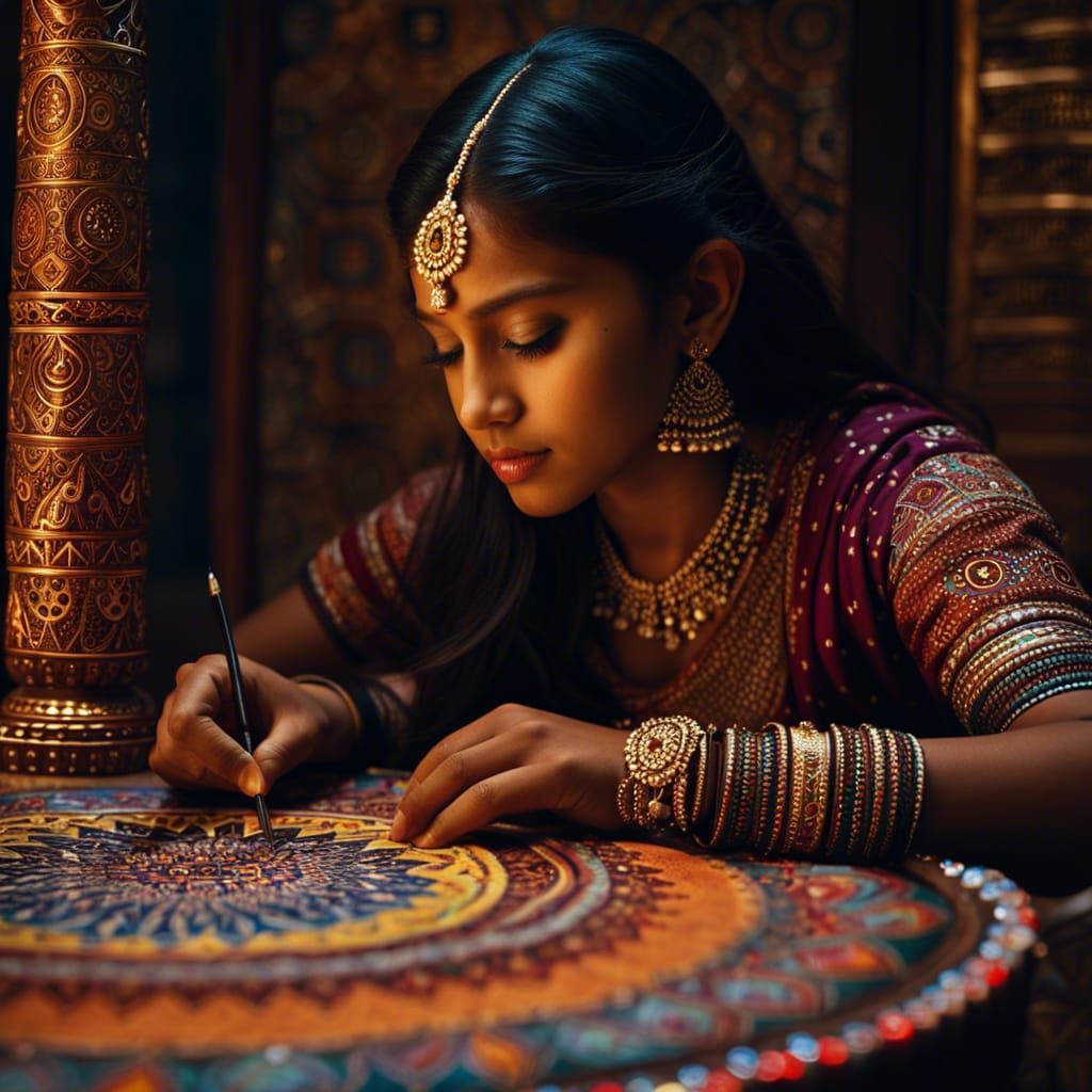 Indian Girl Drawing Mandala - Indian Culture