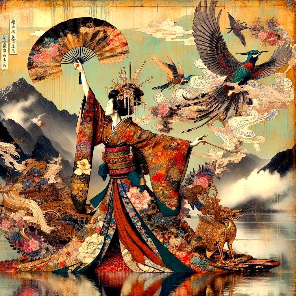 Surreal Asian Dancer on Mountain Lake in Romantic Style