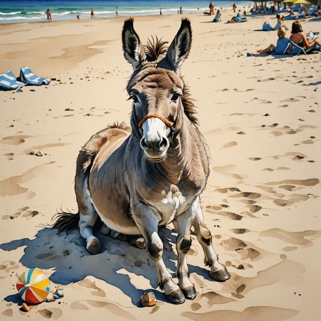 Cute Donkey Sunbathing on Beach in Watercolor Style