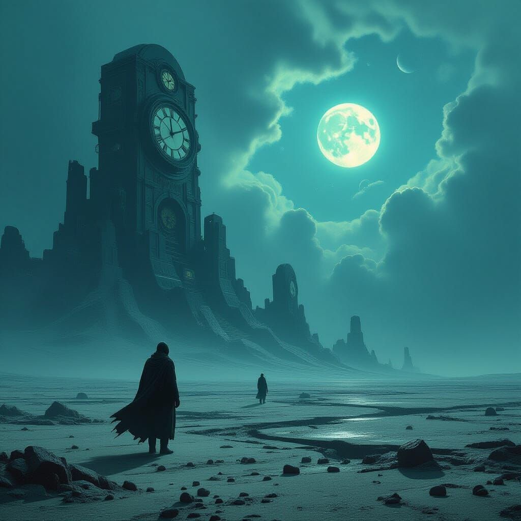 Explorer on Alien Plain with Clockwork Ruins