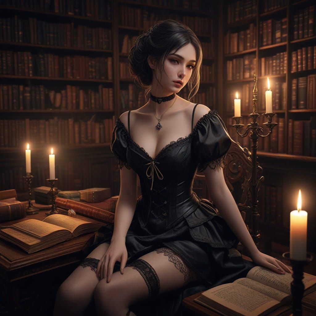 Mysterious Vampire Seductress in Victorian-Era Library