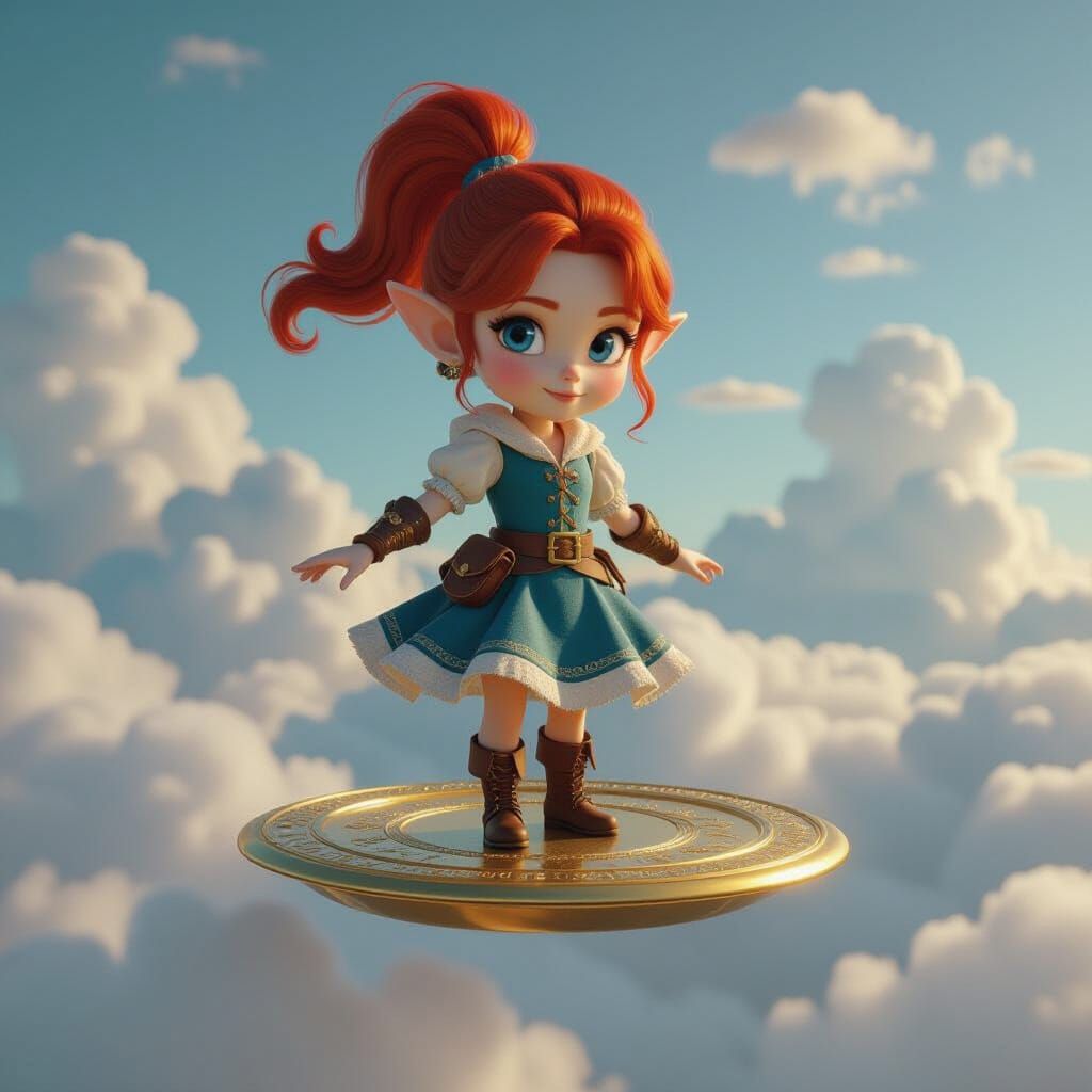 Fantasy Gnome Flying on Gold Disk Amidst Clouds