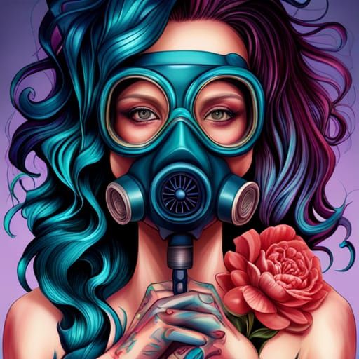 Girl in Glass Gasmask with Flowers: Hyperrealistic Portrait