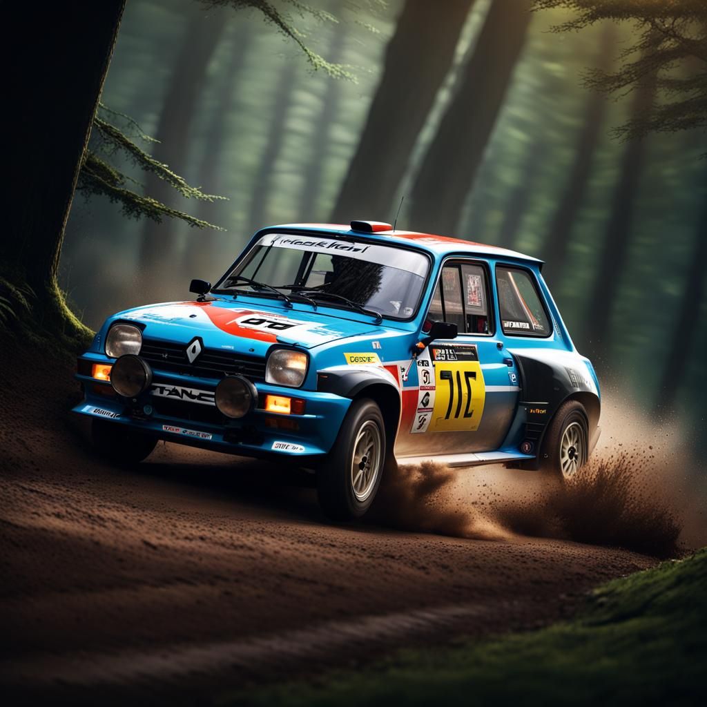 Renault 5 GT the forest stage of a World Rally Championship race.