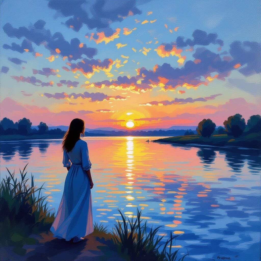 Woman Gazing at Shimmering River Sunset