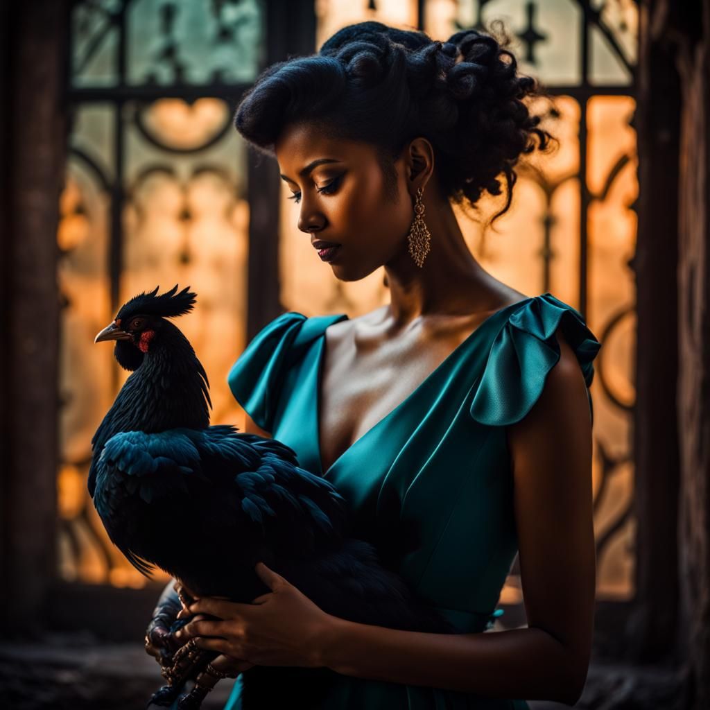 Enigmatic Woman Cuddles Chicken in Opulent Noir Setting