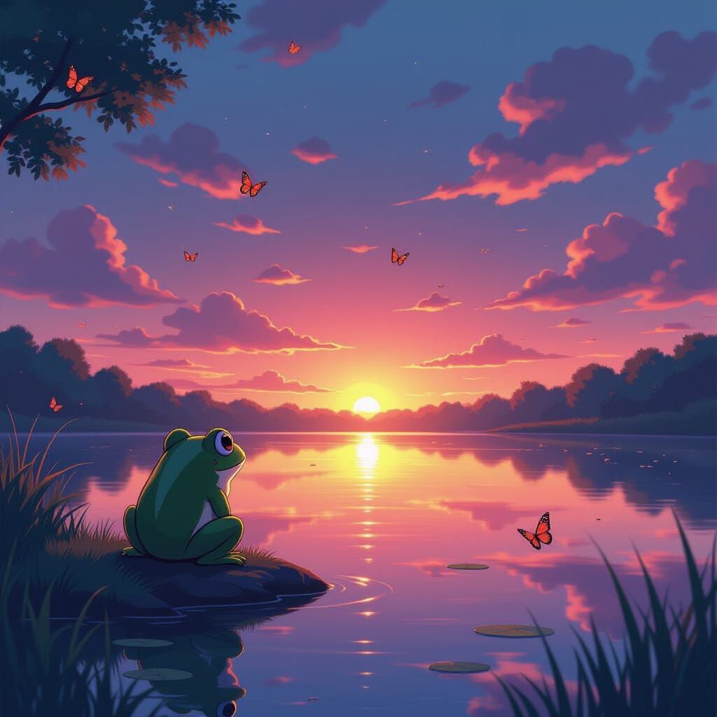 Cute Frog by Pond at Vibrant Sunset, Anime Style