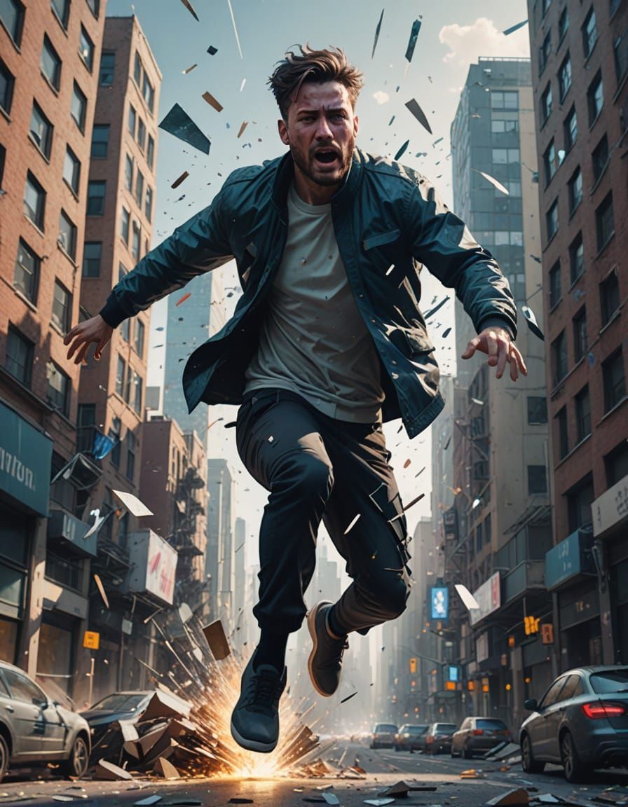 Man Glitching in Dramatic Cityscape, Photorealistic Art