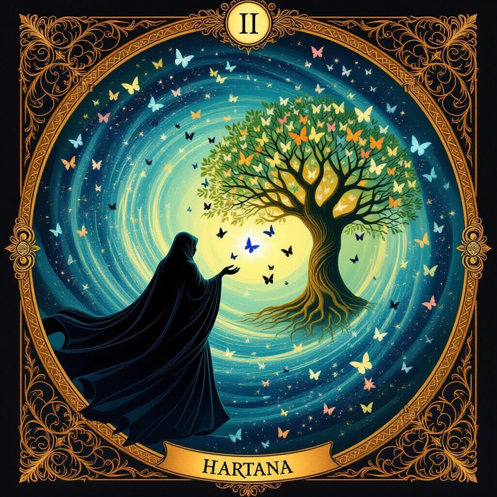 Cloaked Figure Dissolves Into Starlight Butterflies, Tree of...