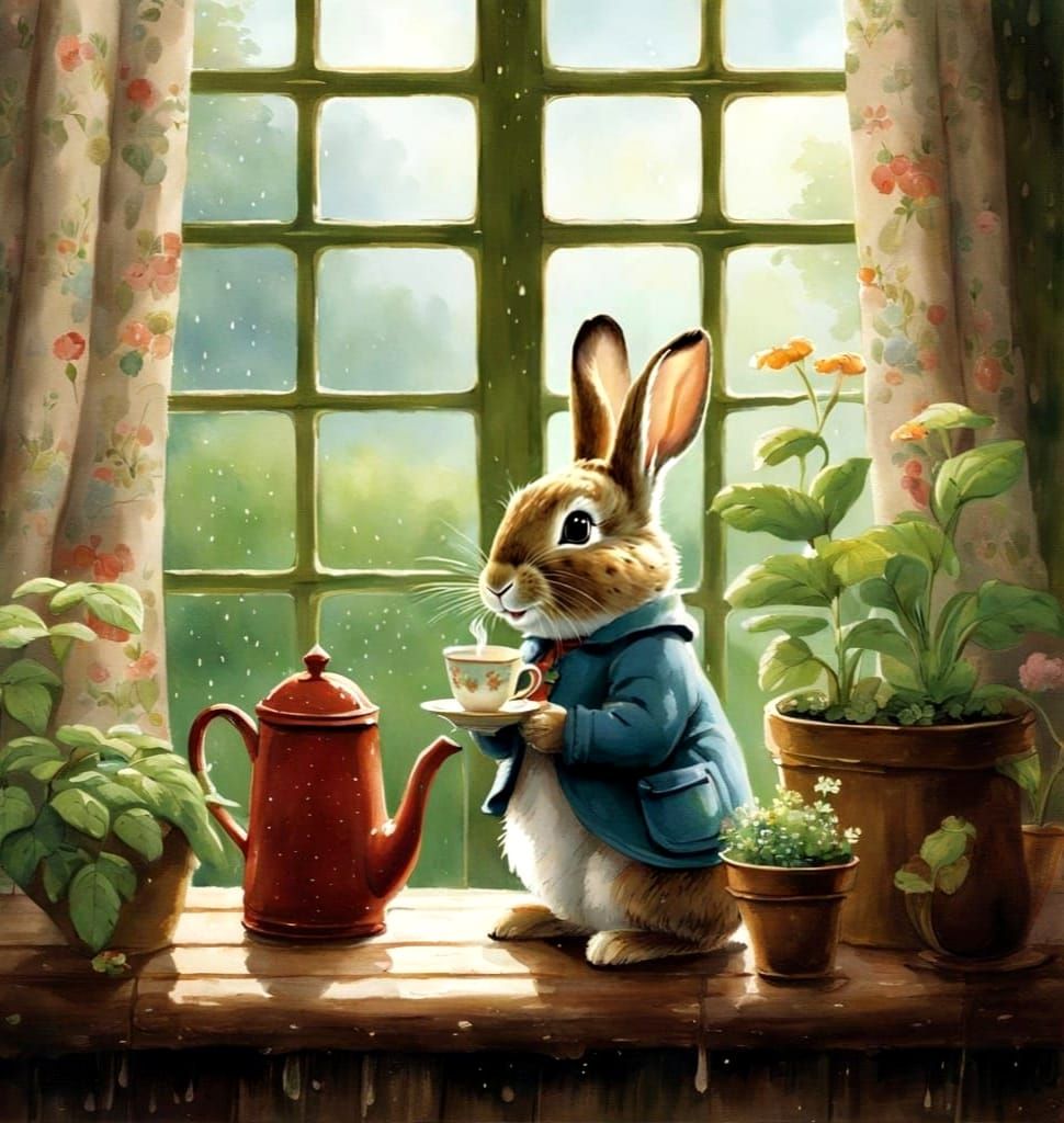 Anthropomorphic Rabbit Sipping Tea in Potter Style
