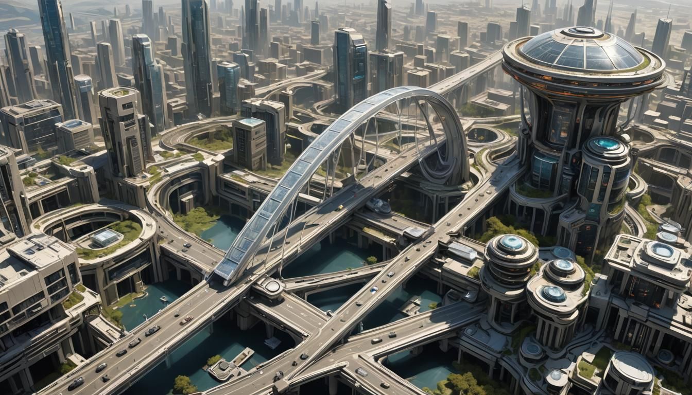 Futuristic Cityscape: AI-Integrated Bridges and Space Statio...