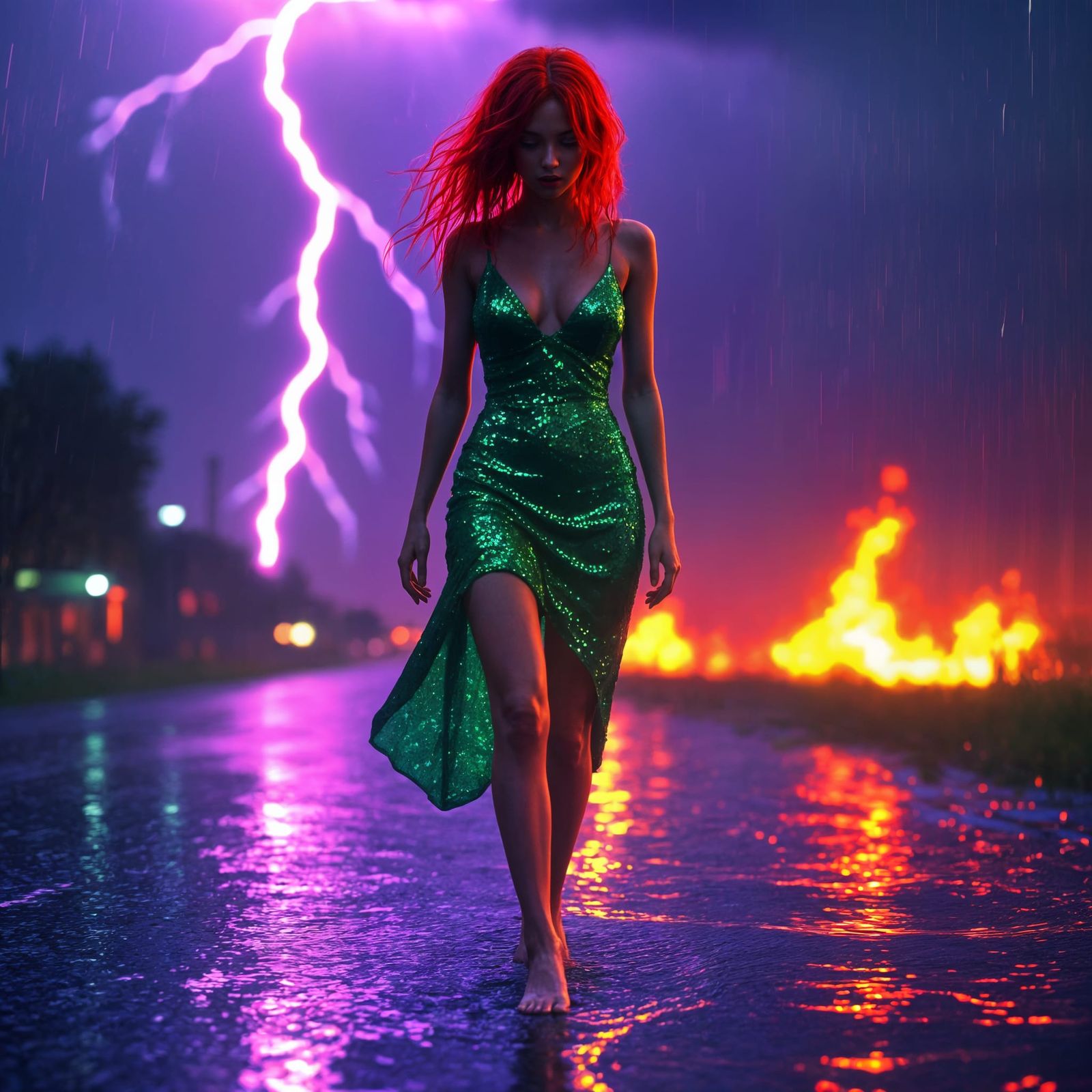 Neon Rain: Woman in Emerald Dress, Hyperrealistic Photo