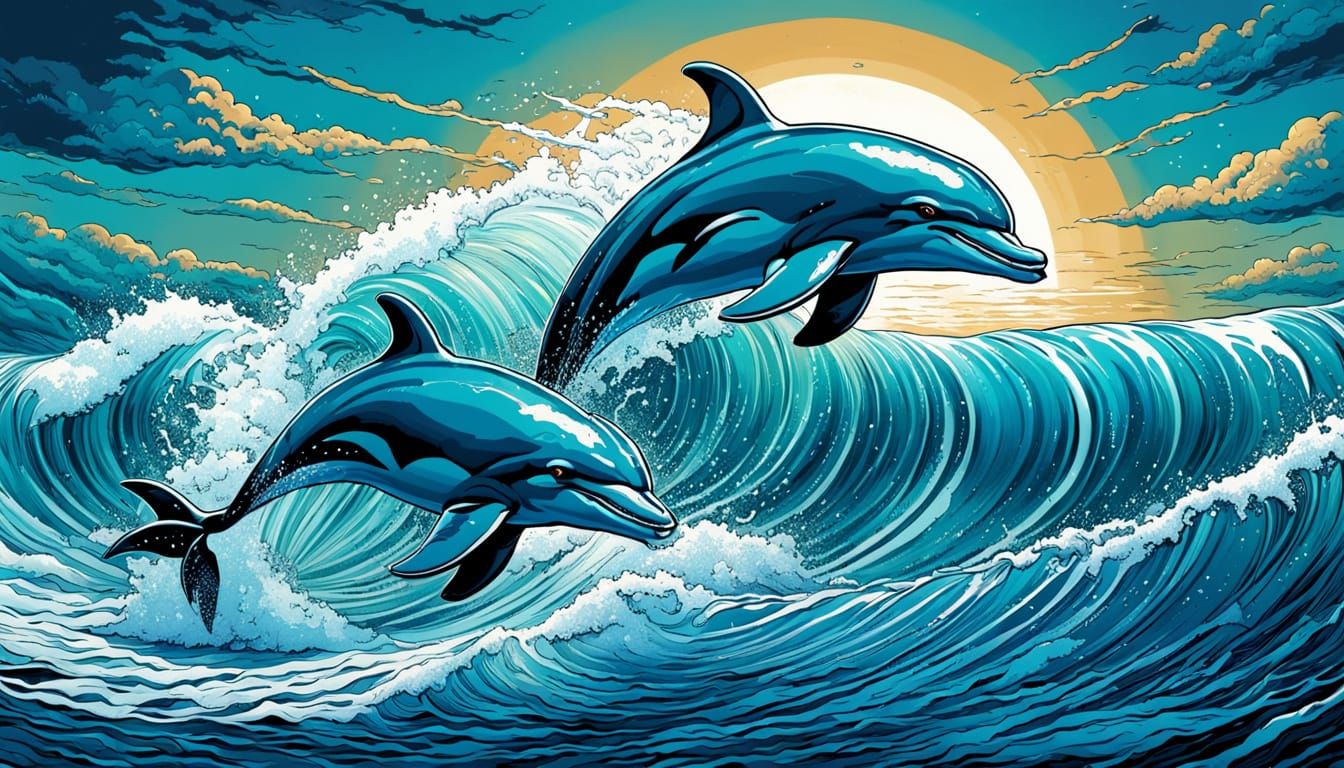 Dolphins Leap Through Waves in Comic Book Art