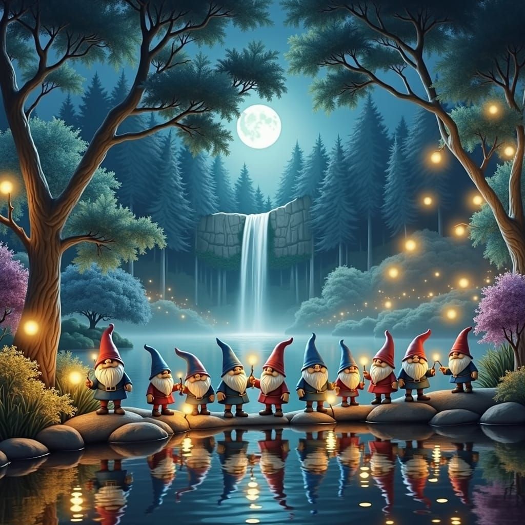 Gnomes in Misty Woods at Night in 8K