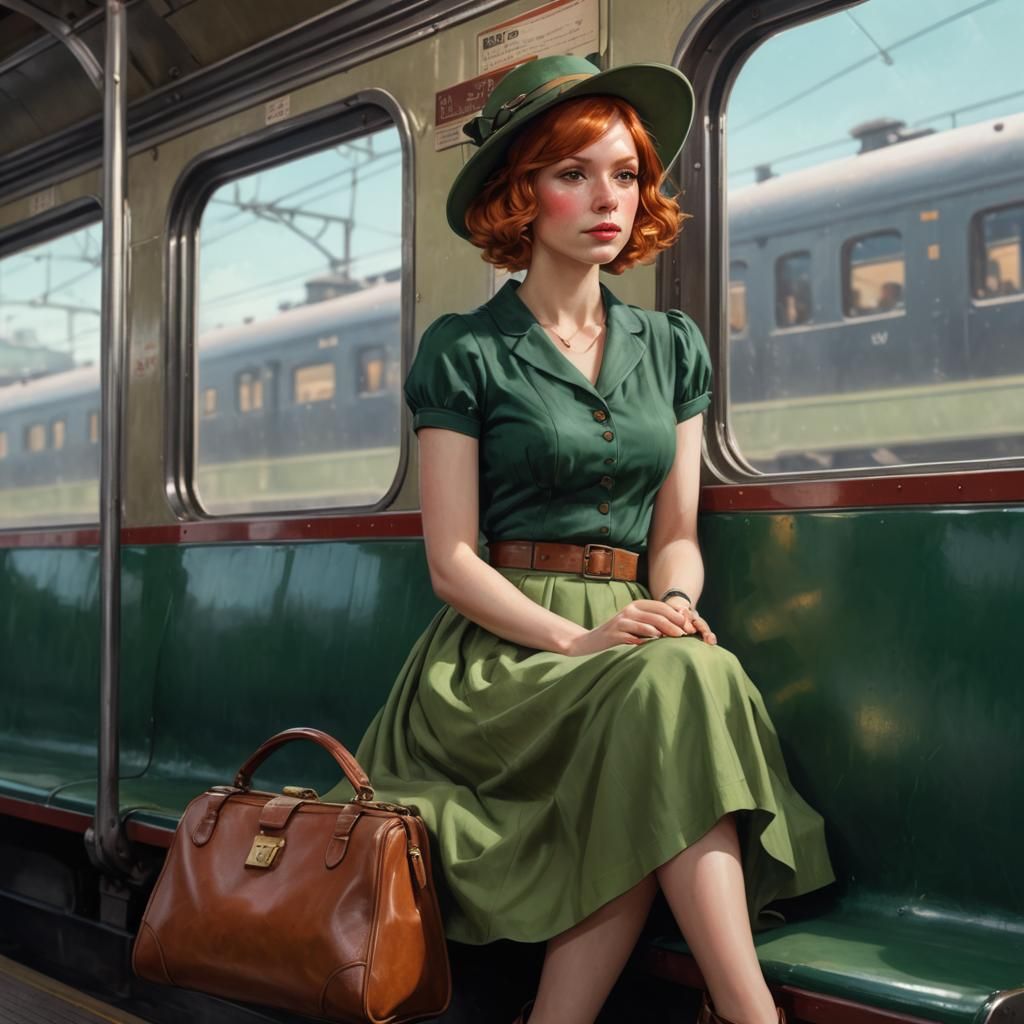 Vintage Redhead on Train, Art Nouveau Style