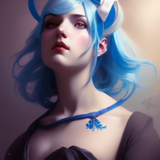 Seductive Girl with Blue Bow: Hyperdetailed Portrait