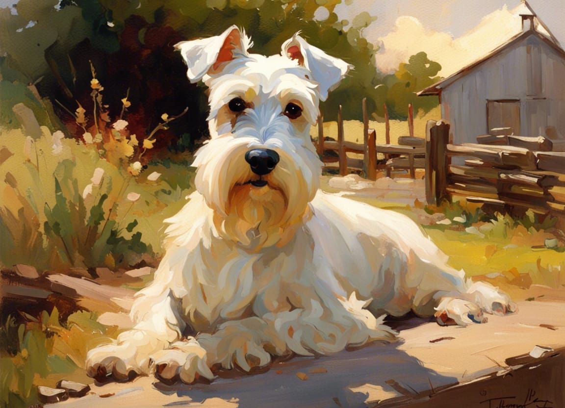 Miniature Schnauzer Guarding Farm, Romantic Realism Style