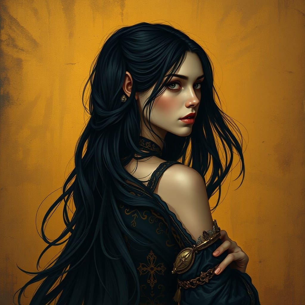 Golden Goddess in Dark Attire, in Realistic Comic Art Style