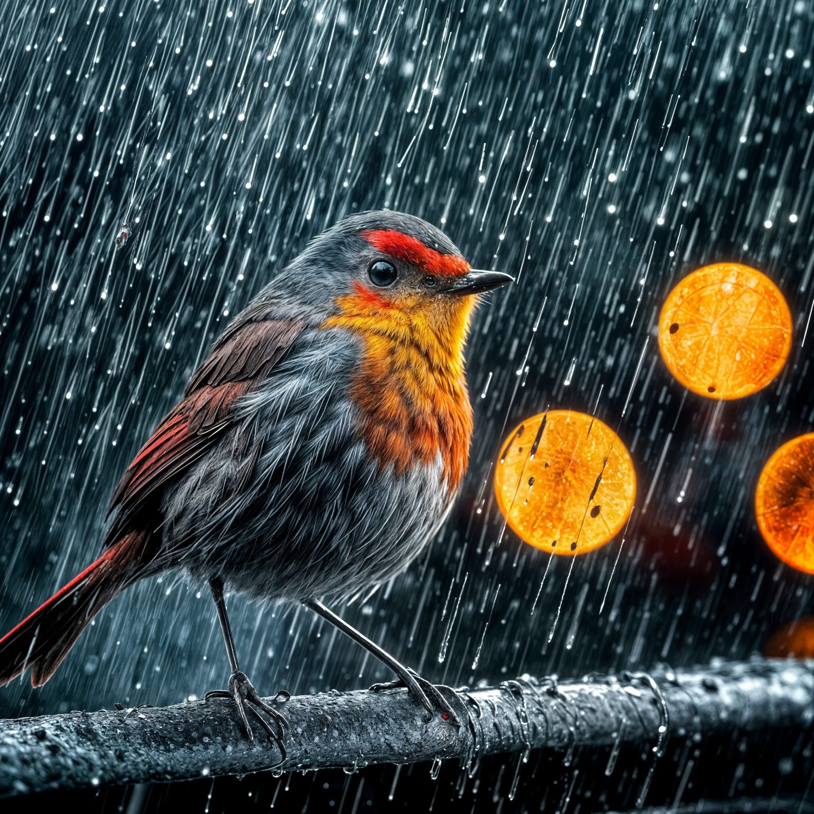Silver Grey Rainy Day Robin in Hyperrealistic Metallic Red