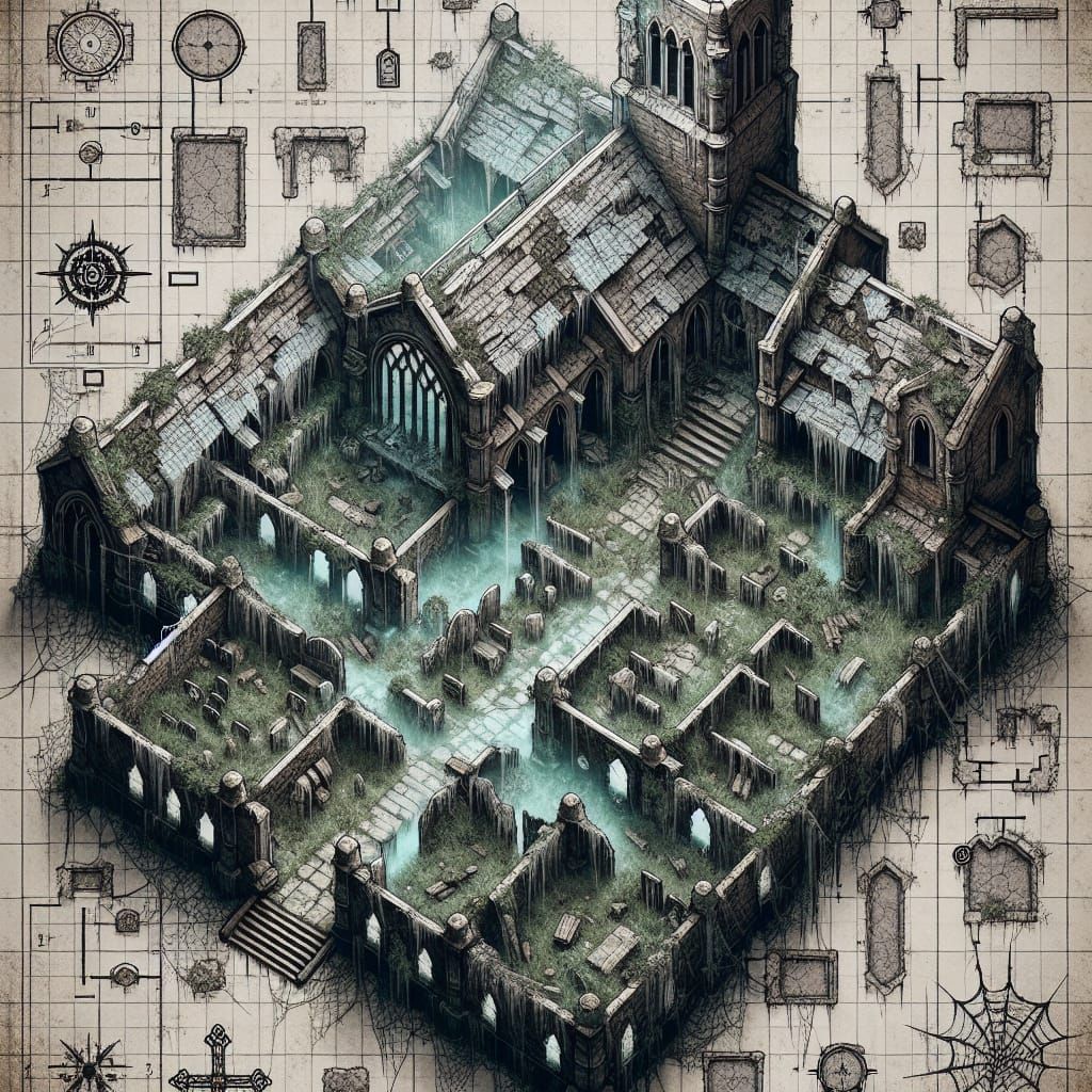 Eerie Top-Down View of Dilapidated Church Level Design