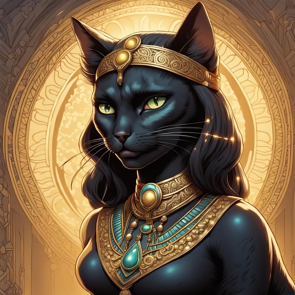 Anthropomorphic Black Cat as Cleopatra: Comic Art