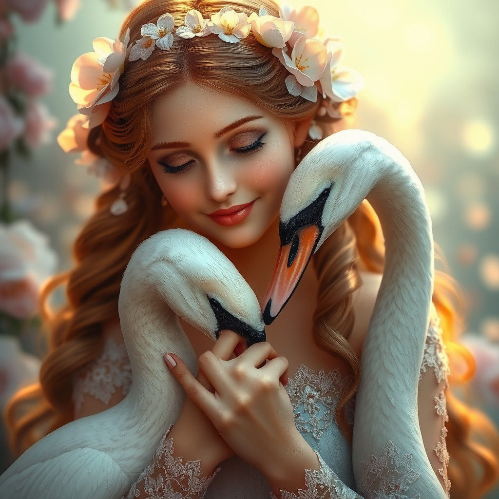Enchanting Flower Girl with Swans in Art Nouveau Style