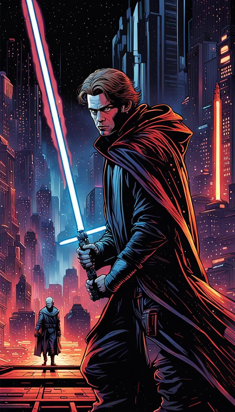 Anakin Skywalker in Cyberpunk Cityscape
