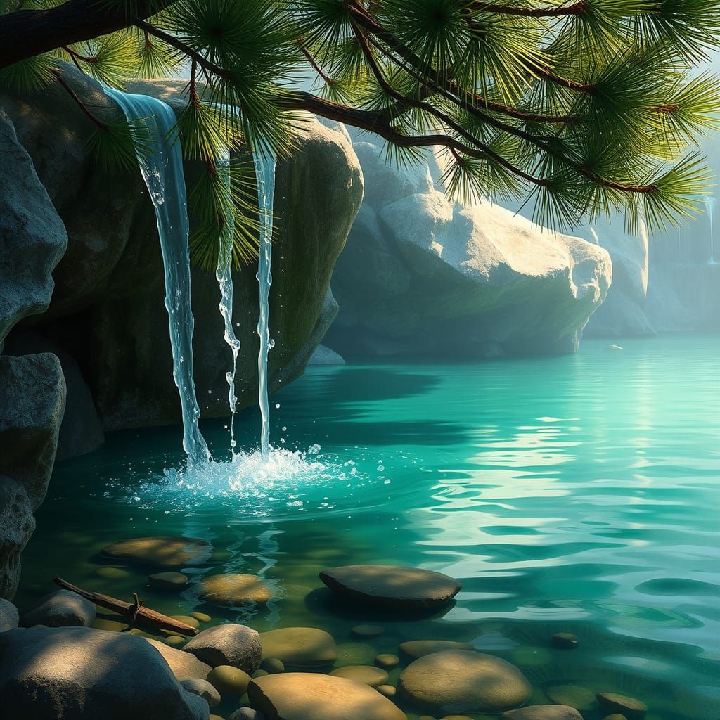 Emerald Waterfall Through Acanthus Wreaths, Ethereal Digital...