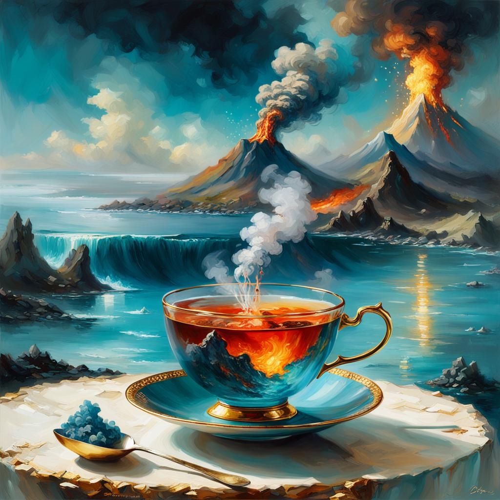 Volcanic Eruption in Teacup: A Surreal Image