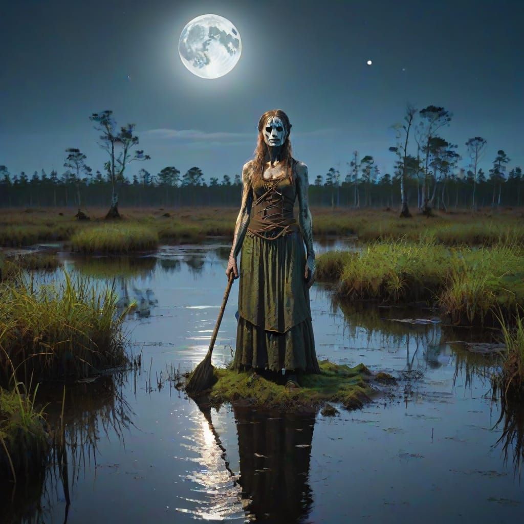 Bog Woman in Irish Swamp Under Full Moon