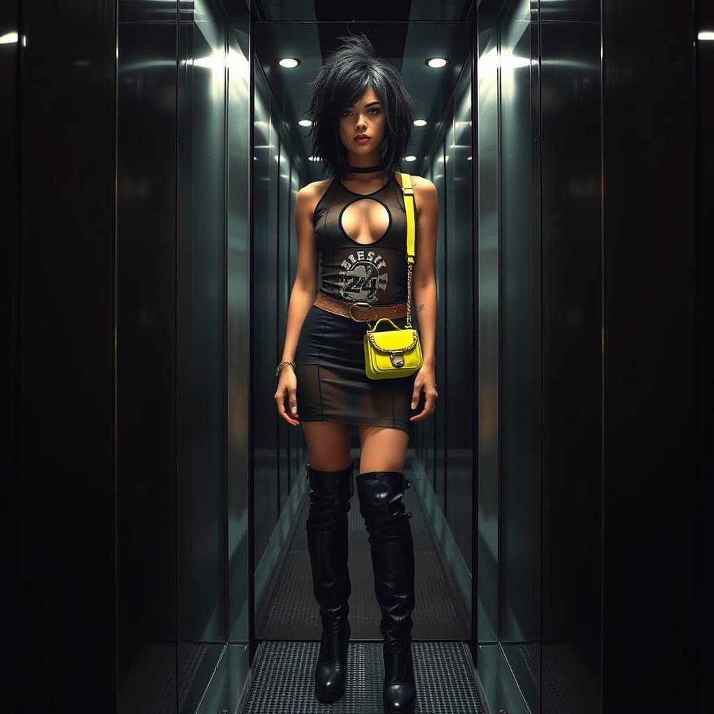 Edgy Woman in Mirrored Elevator, Cyberpunk Fashion
