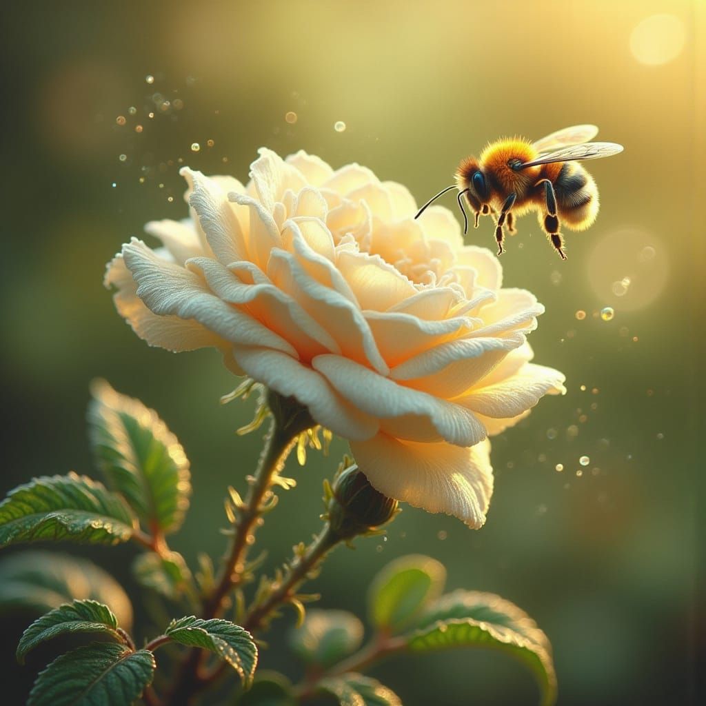 Fuzzy Bumblebee Approaches Luminous White Rose
