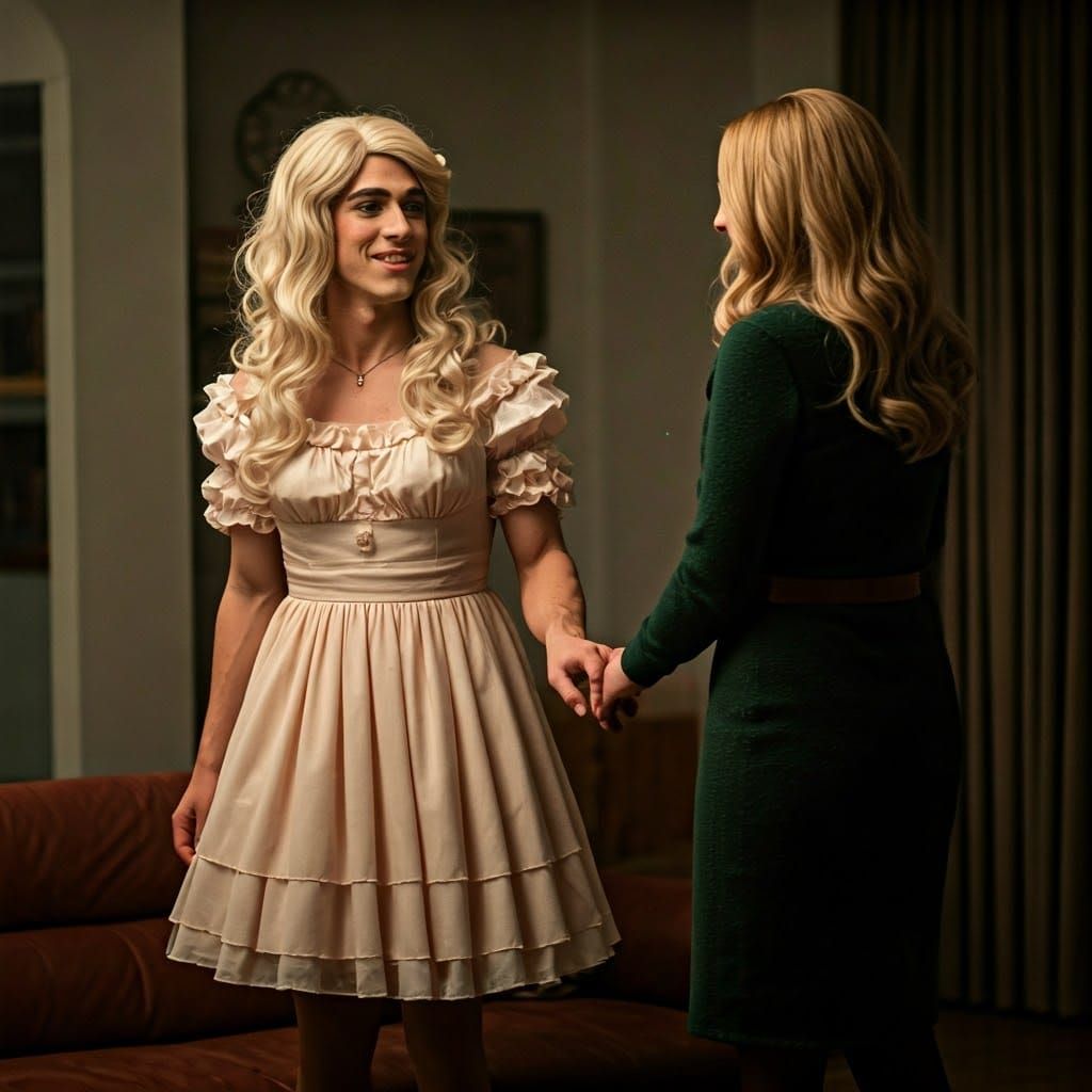 Feminine Young Man Crossdressing in Pouf Dress with Woman