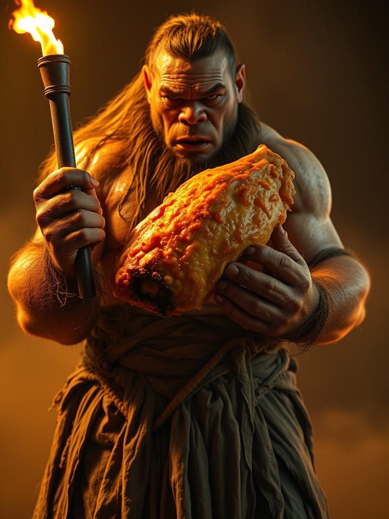 Gargantuan Human Beast Cradles Colossal Chicken Wing in Gold...