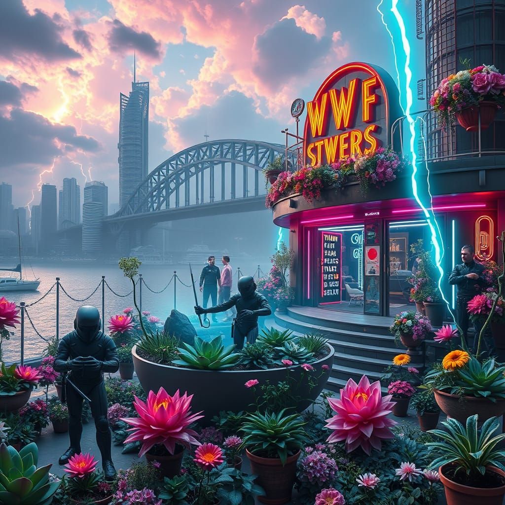 Surreal Dystopian Garden in Cyberpunk Lacquer Style