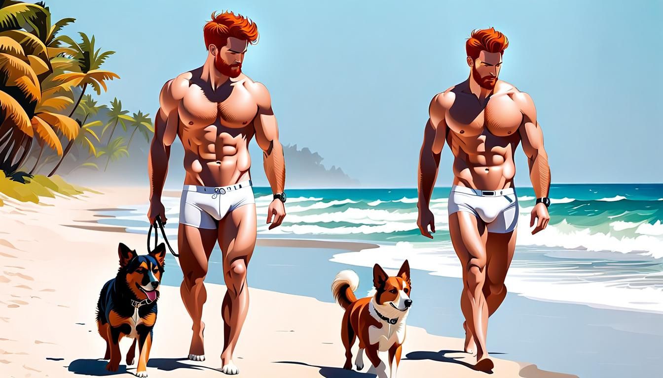 Two Men Walking on Beach with Dog in Abstract Art