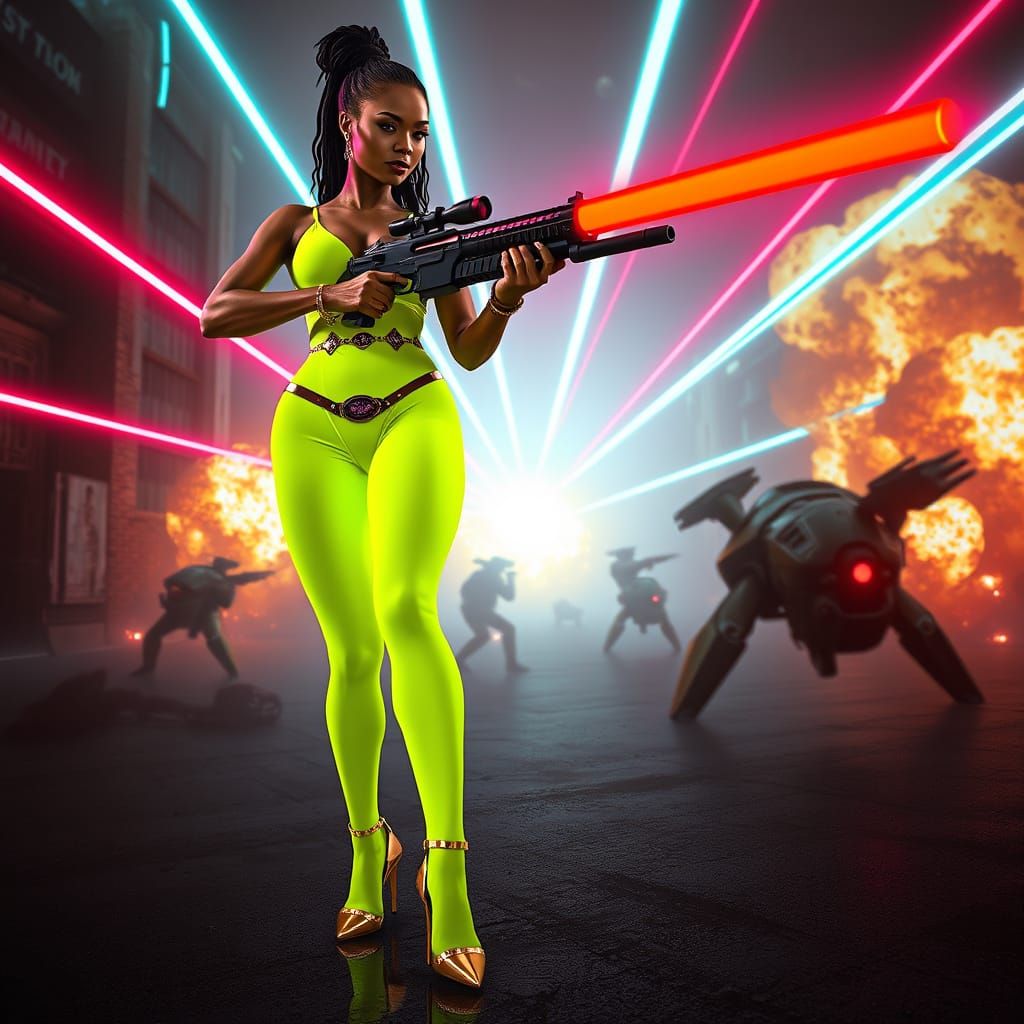 Cyberpunk Woman Firing Bazooka in Neon Yellow