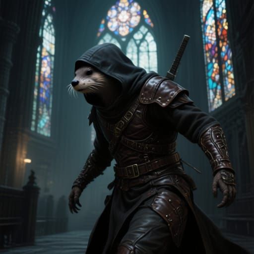 Otter Assassin in Gothic Cathedral, Inspired by Stalenhag