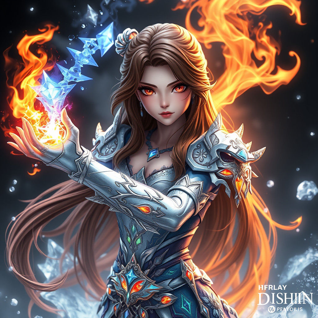 Anime Woman Wielding Fire and Ice Powers