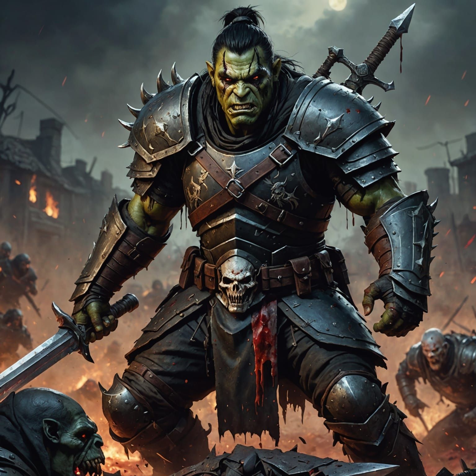 Hyperrealistic Orc Warrior on Battlefield at Night