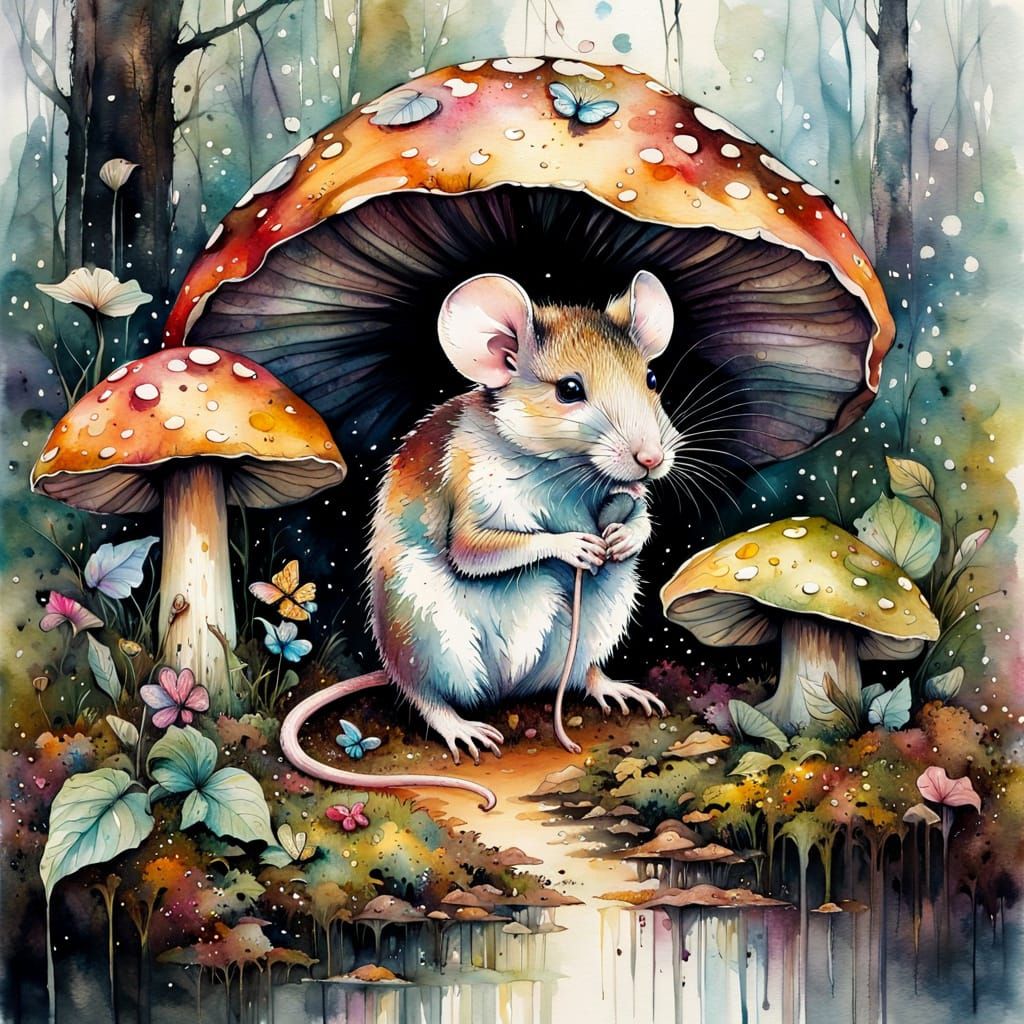 Mouse in Rainy Forest, Watercolour Art