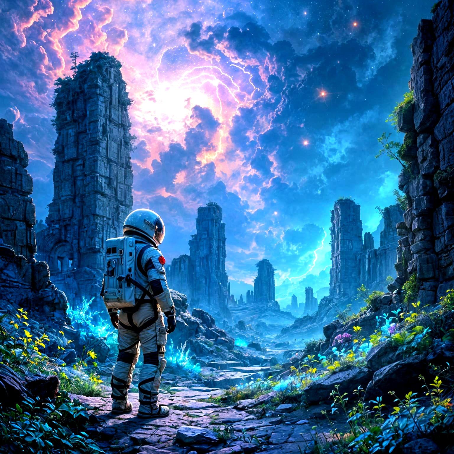 Astronaut Discovers Ancient Alien Ruin Under Nebula Sky