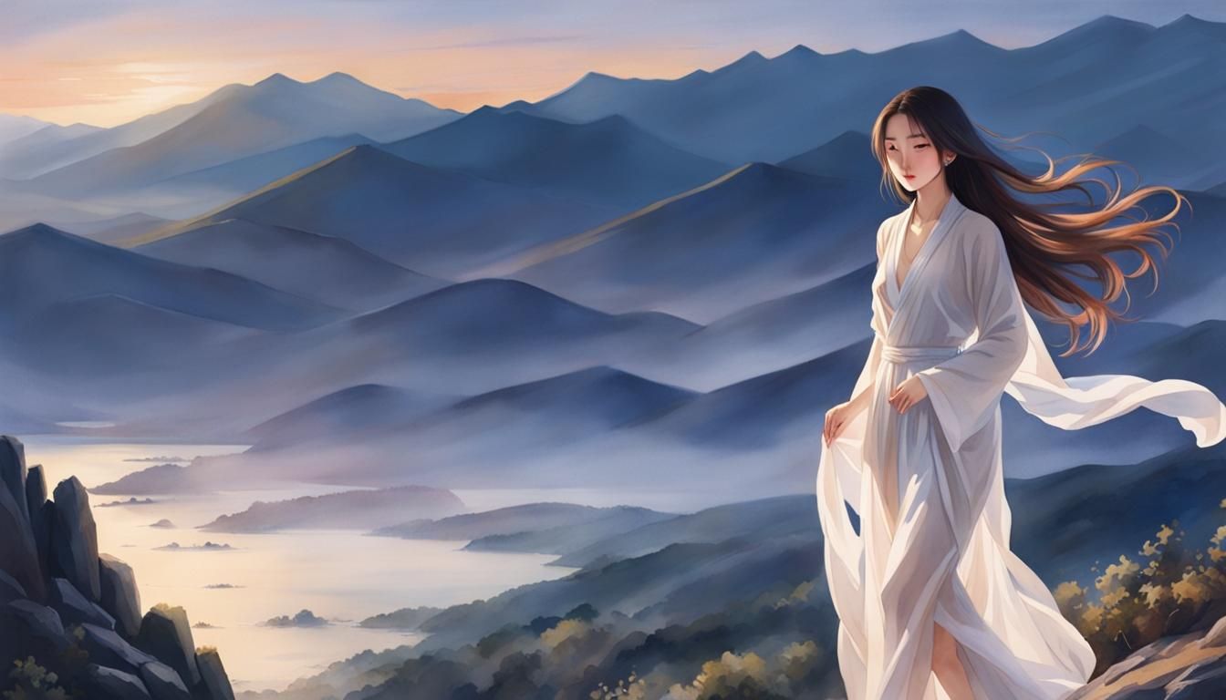 Korean Woman in Watercolor Style at Twilight