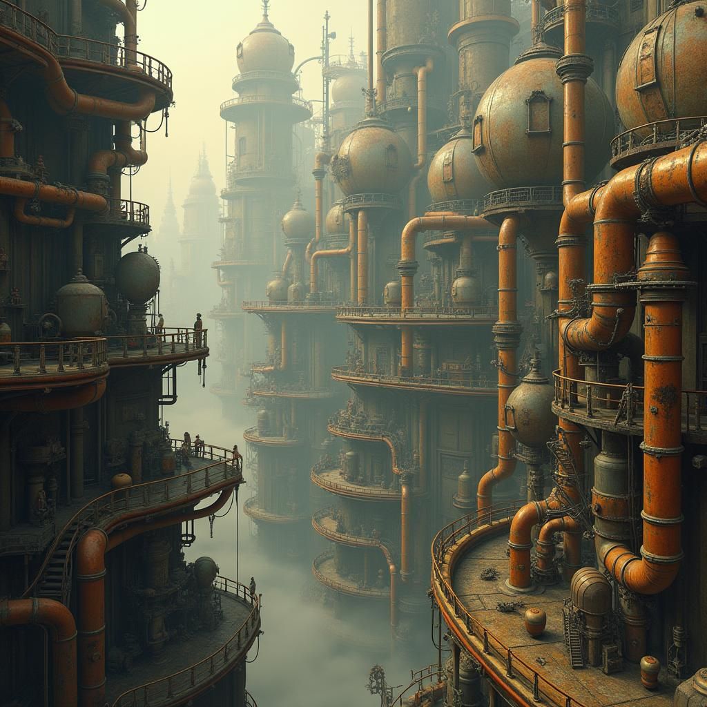 Steampunk Metropolis with Copper Pipes and Golden Light