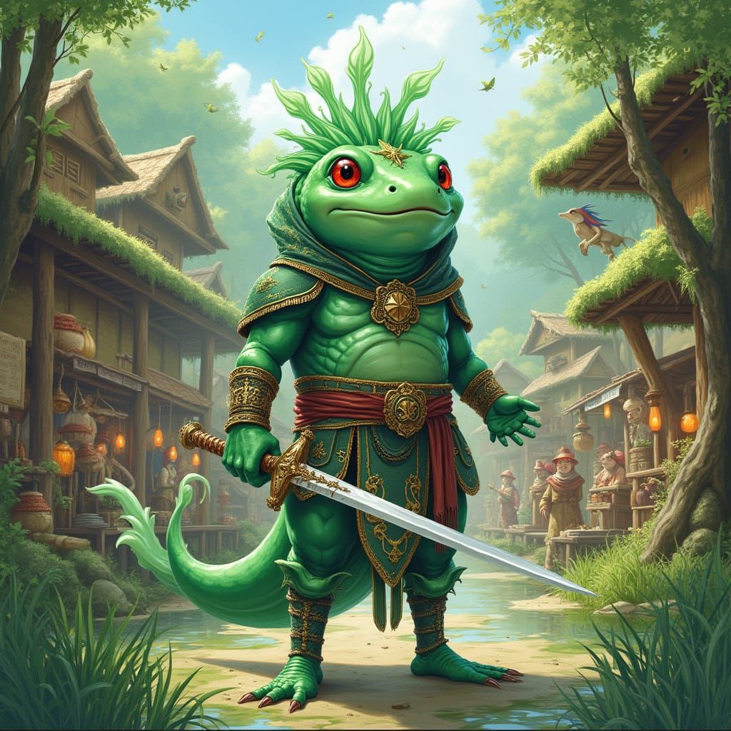 Majestic Axolotl Warrior in Watercolor Fantasy