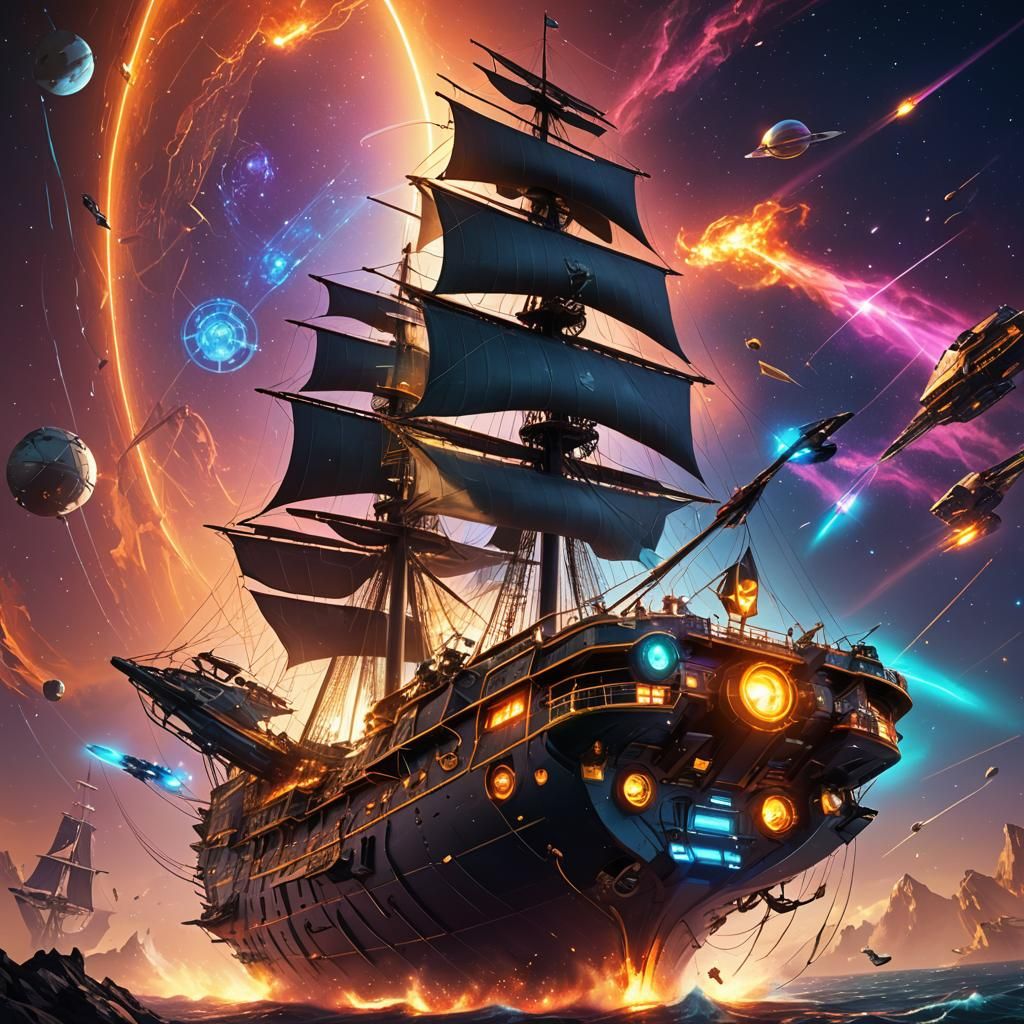 Solar Sail Pirate Ship Attacks Space Freighter in Sci-Fi Art